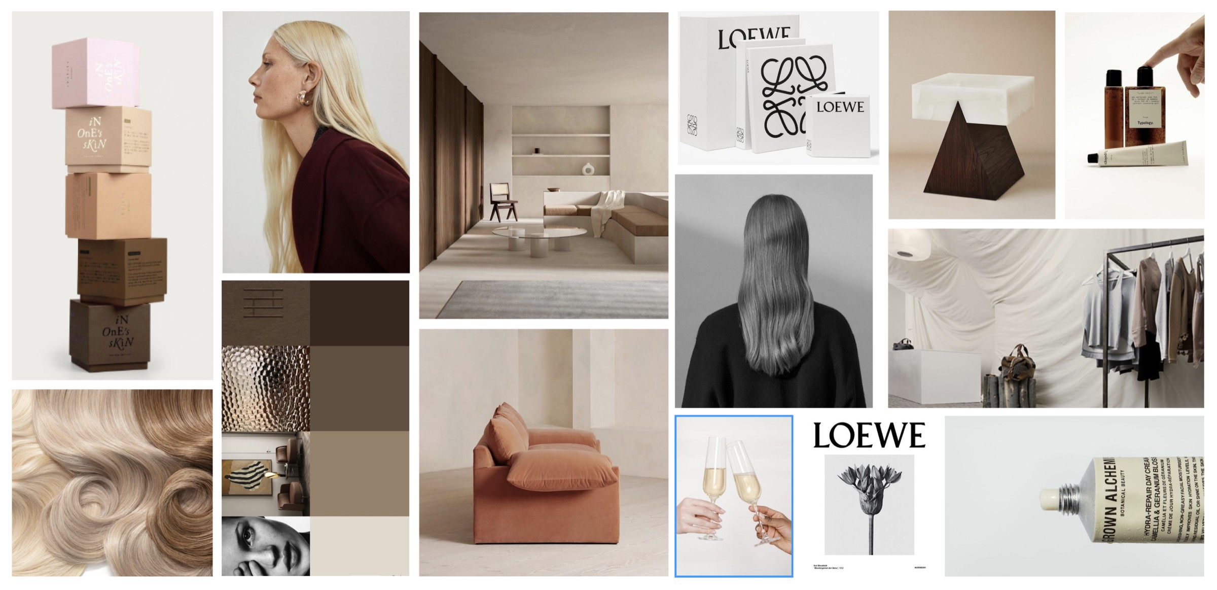 Concept II — refined Atelier Essence moodboard: elegant neutrals, taupe and blush with a quiet luxury reference